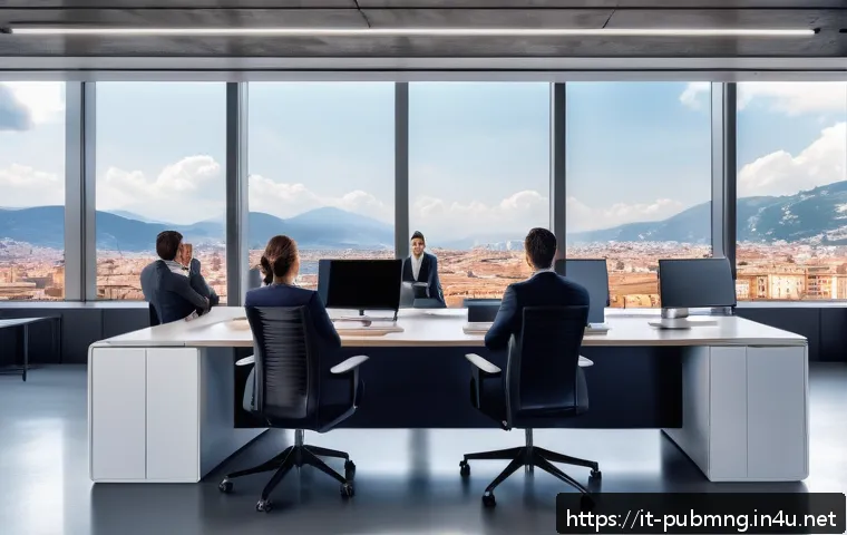 공공관리사 직무와 관련된 최신 트렌드 - A modern Italian public administration office scene showing diverse employees collaborating via clou...